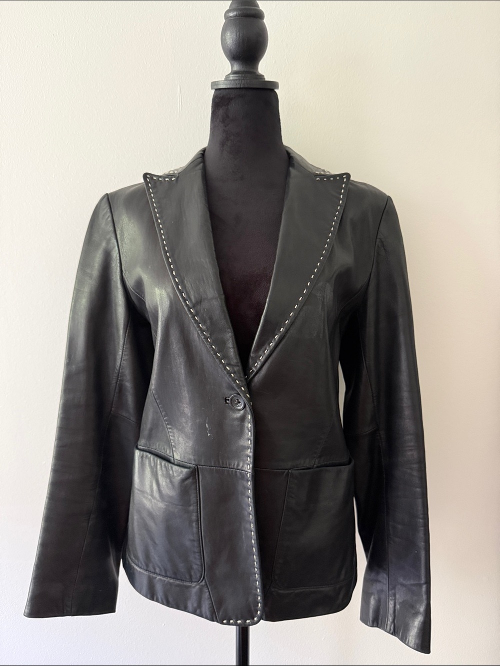 Banana Republic Black Leather Blazer with Stud Trim